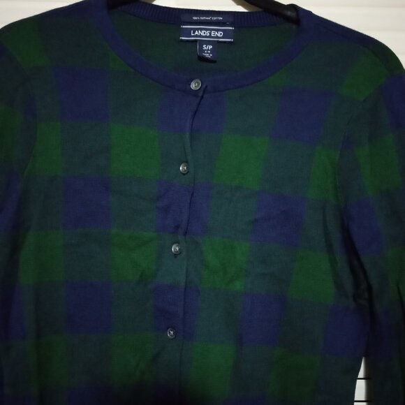 LANDS' END Navy Blue Green Plaid Check Cardigan Sweater SP 6-8 S Ladies Supima - Picture 3 of 6